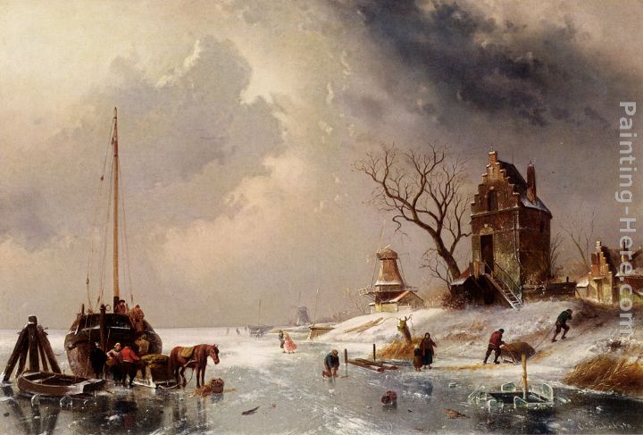 Figures Loading A Horse-Drawn Cart On The Ice painting - Charles Henri Joseph Leickert Figures Loading A Horse-Drawn Cart On The Ice art painting